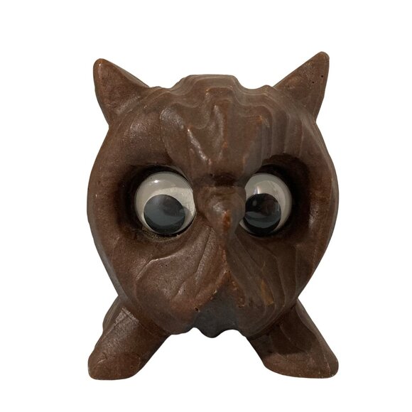 Vintage Midcentury Wood Look Googly Eyes Owl Figurine - Picture 1 of 7